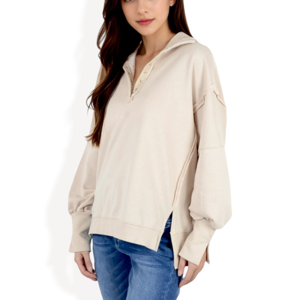 Long Sleeve Pullover Hoodie with Button Neck and Raw Hem Detail