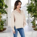 Beige Medium Long Sleeve Pullover Hoodie with Button Neck and Raw Hem Detail