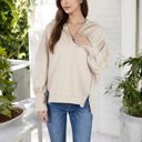 Beige Medium Long Sleeve Pullover Hoodie with Button Neck and Raw Hem Detail