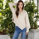 Beige Medium Long Sleeve Pullover Hoodie with Button Neck and Raw Hem Detail