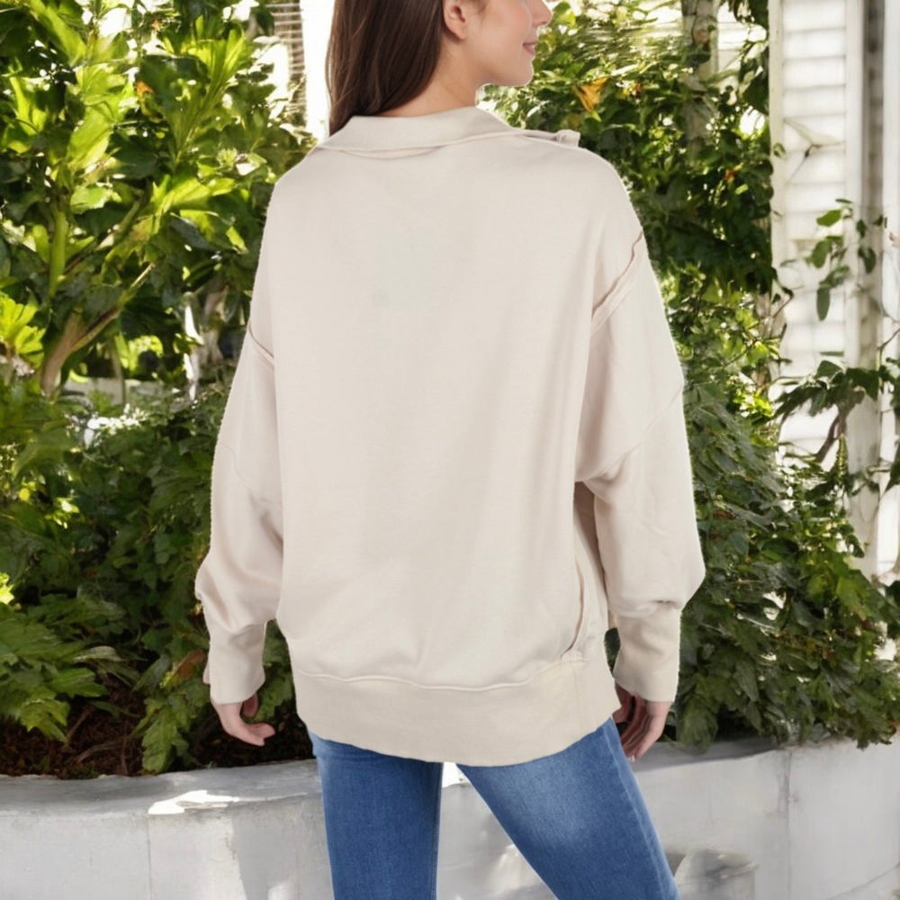 Long Sleeve Pullover Hoodie with Button Neck and Raw Hem Detail