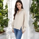 Beige Medium Long Sleeve Pullover Hoodie with Button Neck and Raw Hem Detail