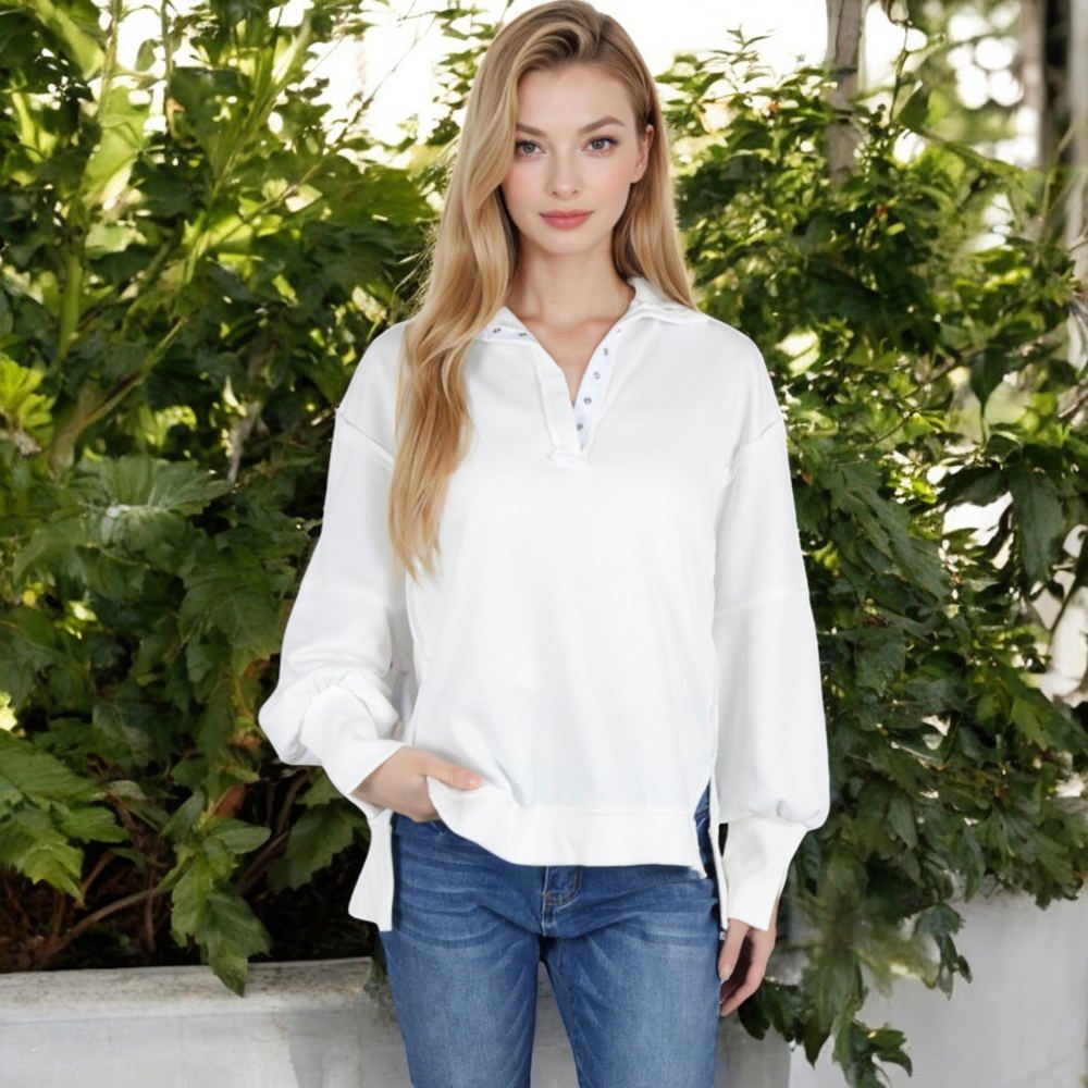 Long Sleeve Pullover Hoodie with Button Neck and Raw Hem Detail