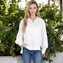 White Large Long Sleeve Pullover Hoodie with Button Neck and Raw Hem Detail