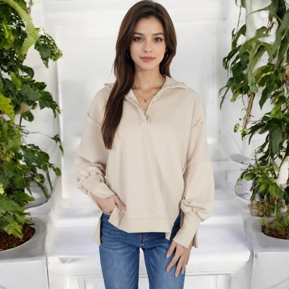 Long Sleeve Pullover Hoodie with Button Neck and Raw Hem Detail