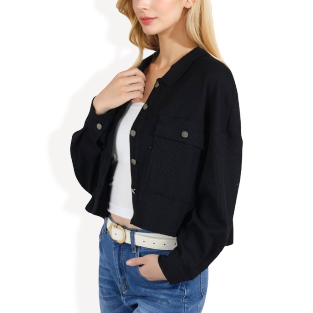 Cropped Button-Up Jacket with Chest Pockets and Collared Neckline