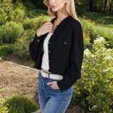 Black Large Cropped Button-Up Jacket with Chest Pockets and Collared Neckline