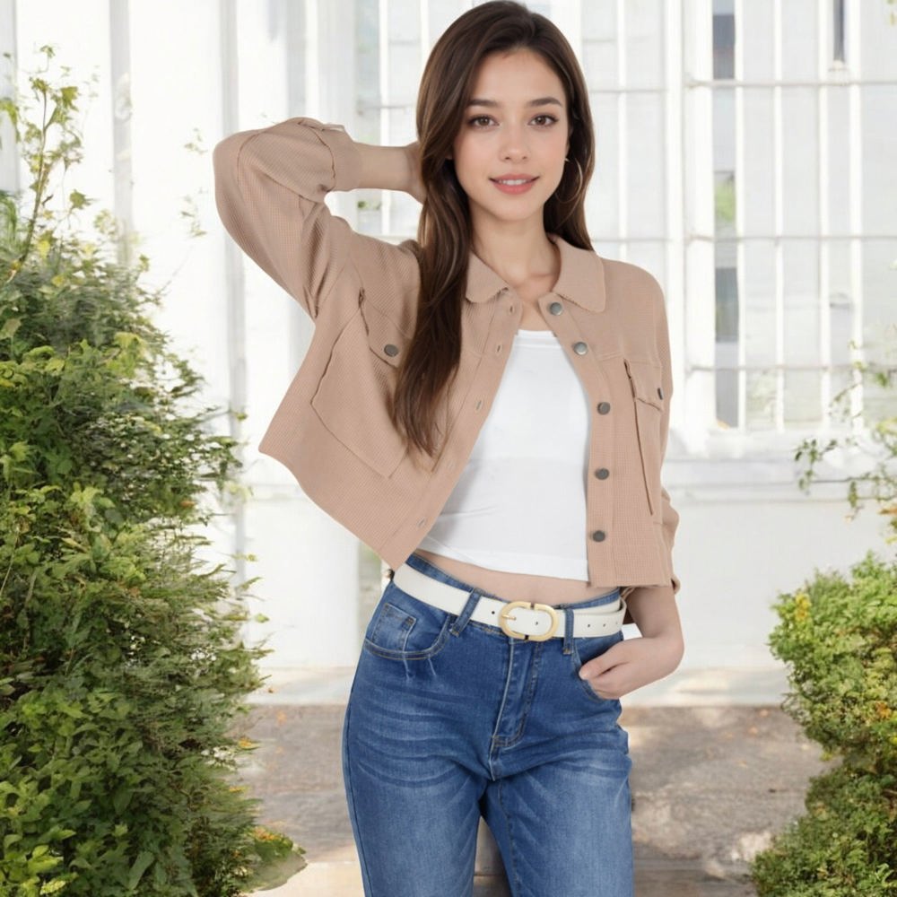 Cropped Button-Up Jacket with Chest Pockets and Collared Neckline