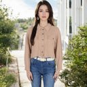 Beige Small Cropped Button-Up Jacket with Chest Pockets and Collared Neckline