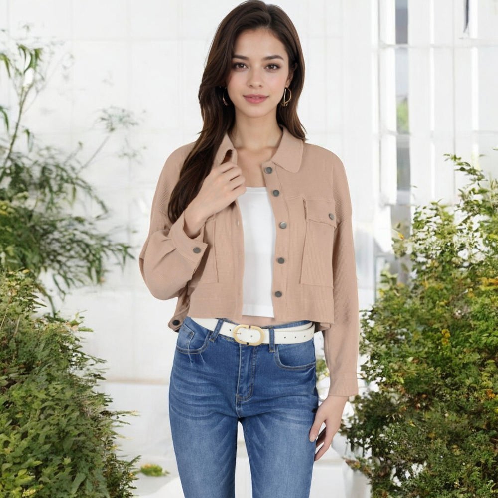 Cropped Button-Up Jacket with Chest Pockets and Collared Neckline