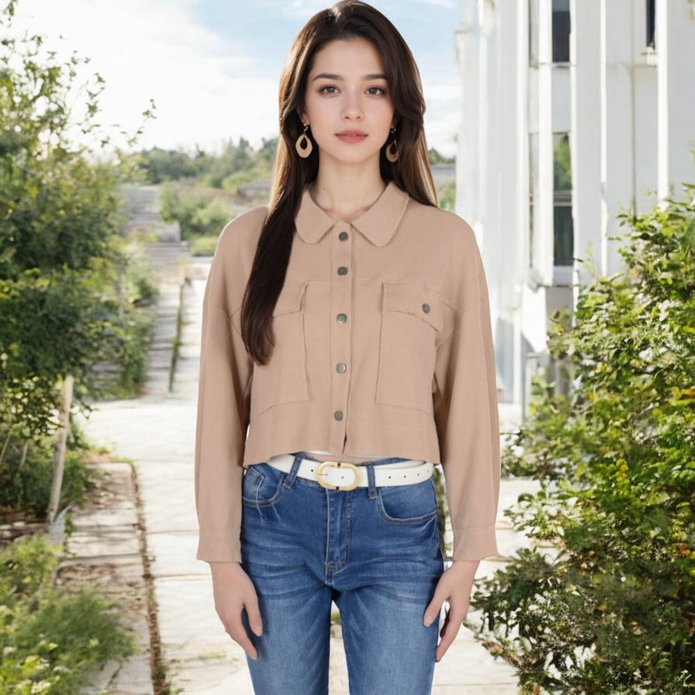 Cropped Button-Up Jacket with Chest Pockets and Collared Neckline