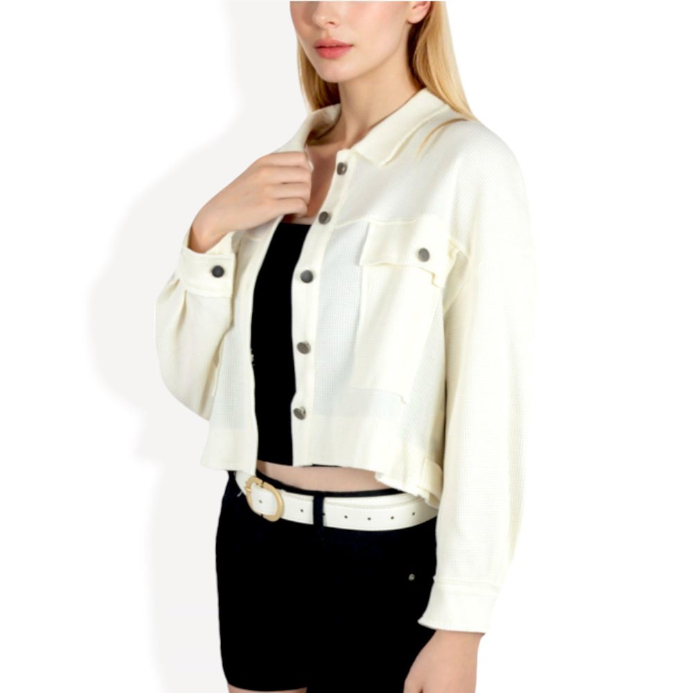 Cropped Button-Up Jacket with Chest Pockets and Collared Neckline