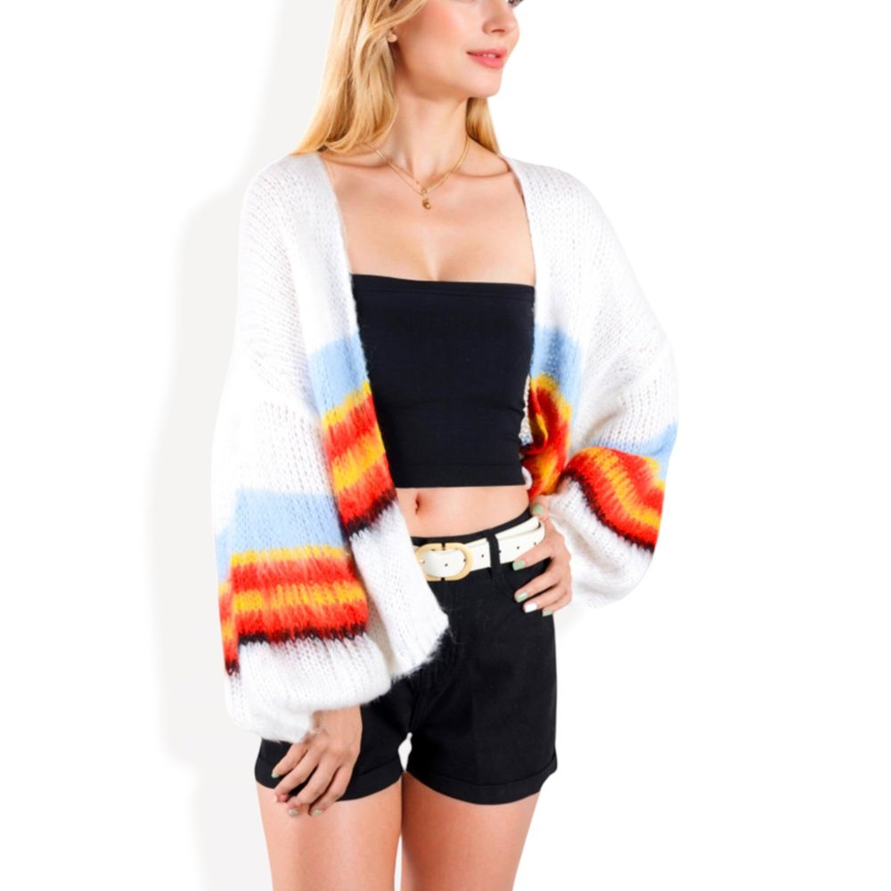 Open Knit Cardigan with Colorful Stripes and Balloon Sleeves