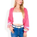 Pink Large Open Knit Cardigan with Bold Stripes and Balloon Sleeves