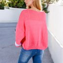 Pink Large Open Knit Cardigan with Bold Stripes and Balloon Sleeves