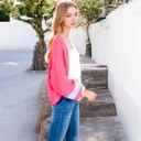 Pink Medium Open Knit Cardigan with Bold Stripes and Balloon Sleeves