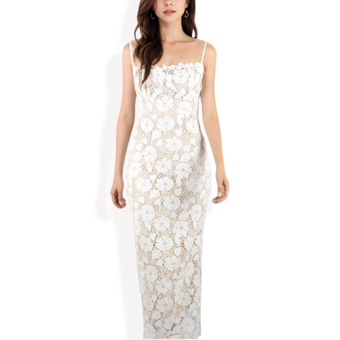 Floral Lace Maxi Dress with Spaghetti Straps and Scalloped Hem