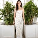 White Large Floral Lace Maxi Dress with Spaghetti Straps and Scalloped Hem