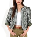 Green Large Embroidered Open Front Jacket with Puff Sleeves and Floral Detailing