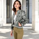 Green Large Embroidered Open Front Jacket with Puff Sleeves and Floral Detailing