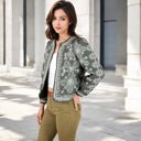 Green Large Embroidered Open Front Jacket with Puff Sleeves and Floral Detailing