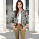 Green Large Embroidered Open Front Jacket with Puff Sleeves and Floral Detailing