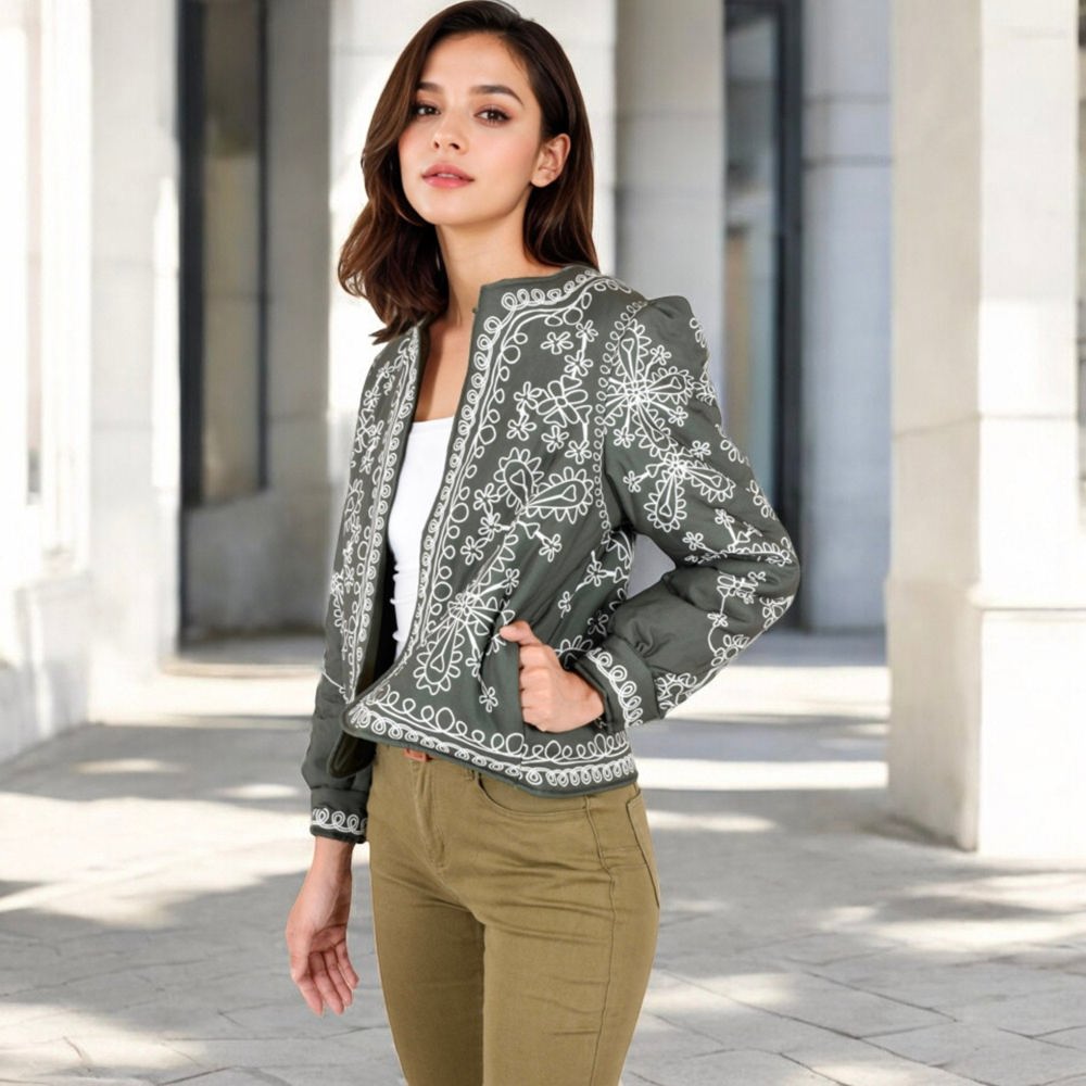 Embroidered Open Front Jacket with Puff Sleeves and Floral Detailing