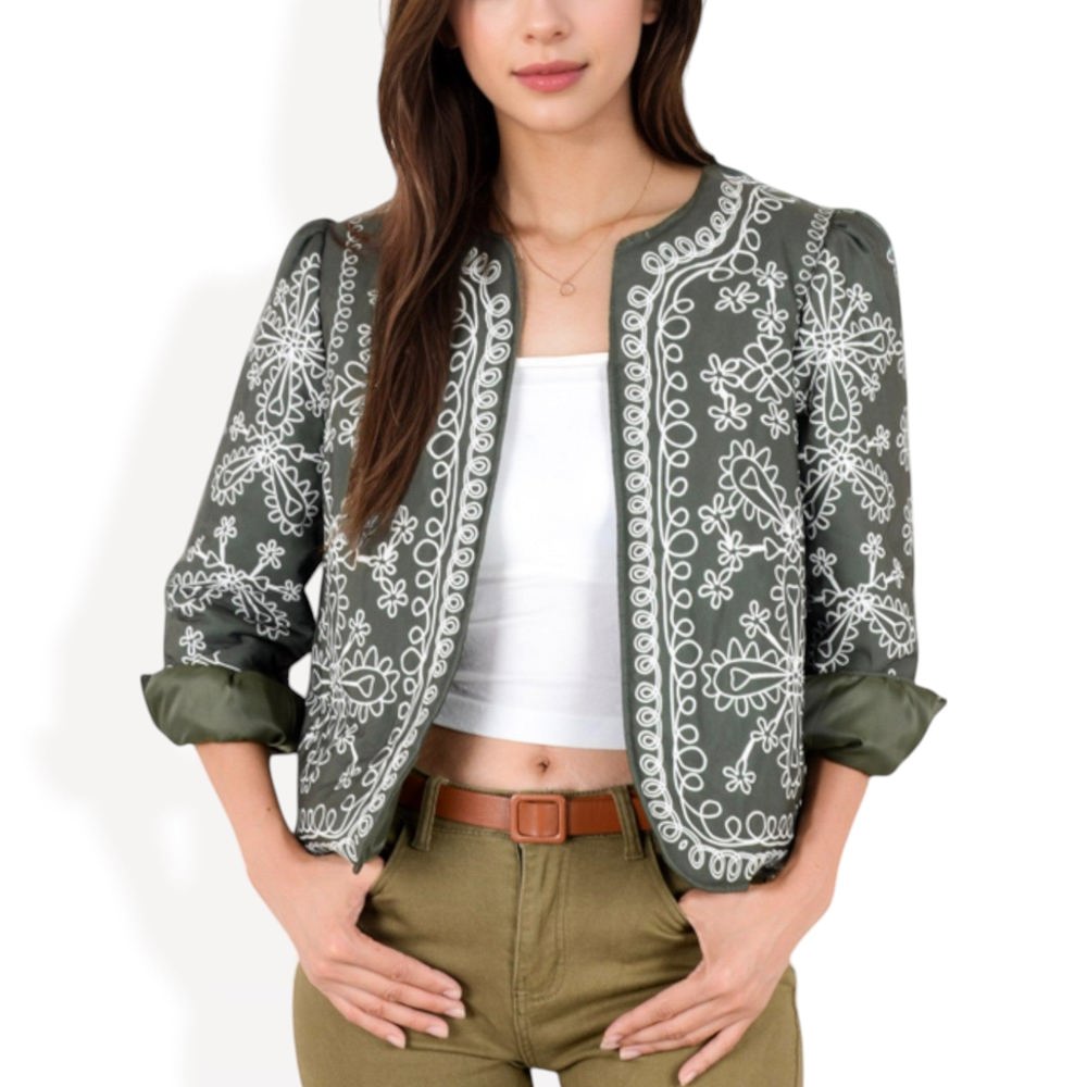 Embroidered Open Front Jacket with Puff Sleeves and Floral Detailing