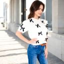 White Small Short Sleeve Knit Sweater with Ribbon Bow Accents