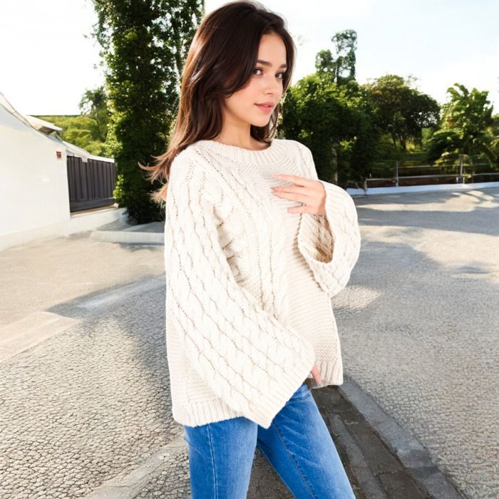 Cable Knit Sweater with Long Bell Sleeves