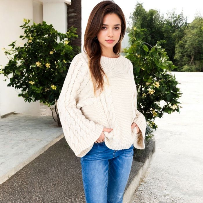 Cable Knit Sweater with Long Bell Sleeves