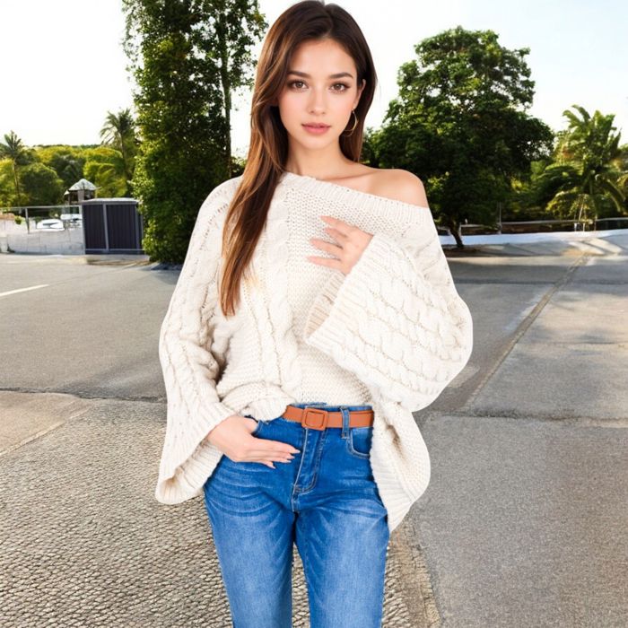 Cable Knit Sweater with Long Bell Sleeves