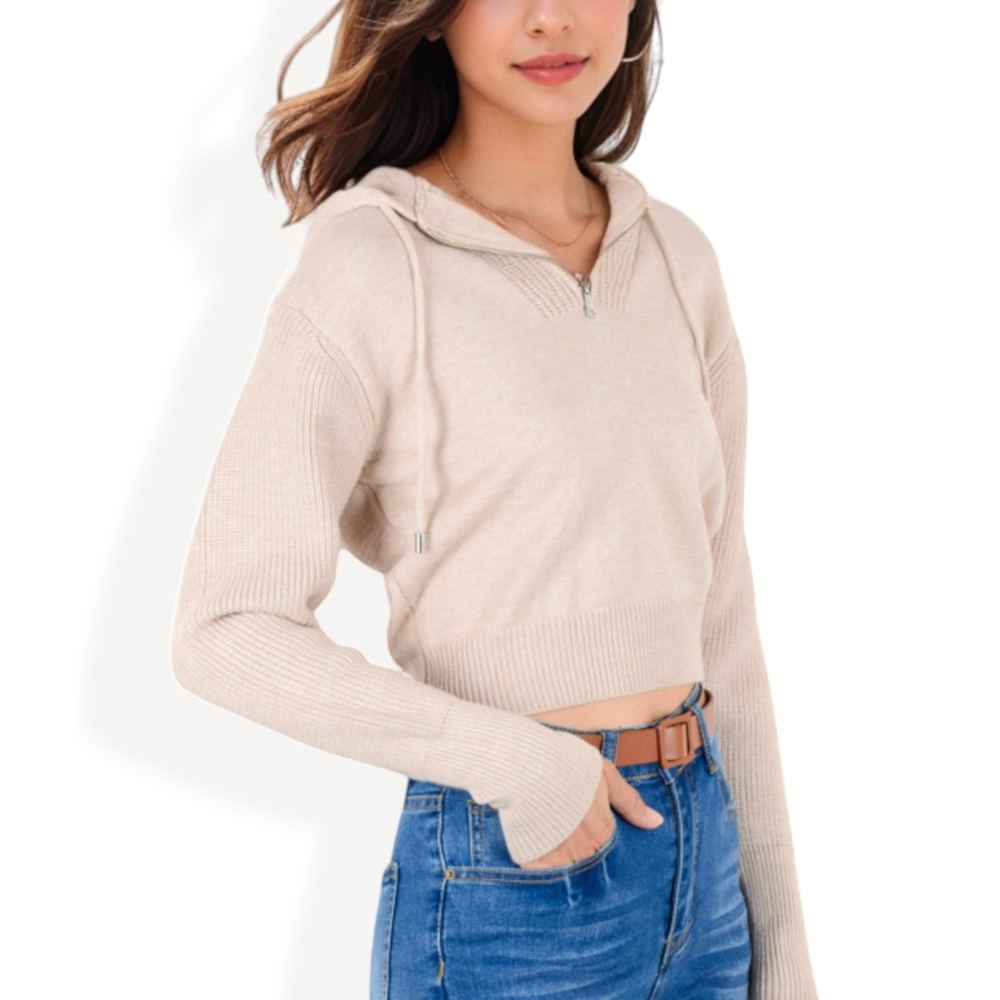 Cropped Knit Hoodie with Zip Neck and Ribbed Detailing