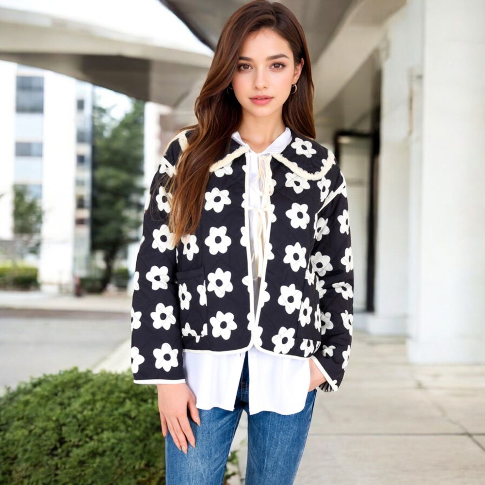 Floral Quilted Jacket with Peter Pan Collar and Tie Closure