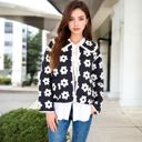 Black Large Floral Quilted Jacket with Peter Pan Collar and Tie Closure