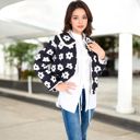 Black Large Floral Quilted Jacket with Peter Pan Collar and Tie Closure