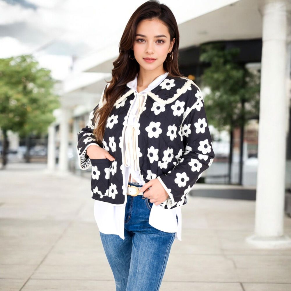 Floral Quilted Jacket with Peter Pan Collar and Tie Closure