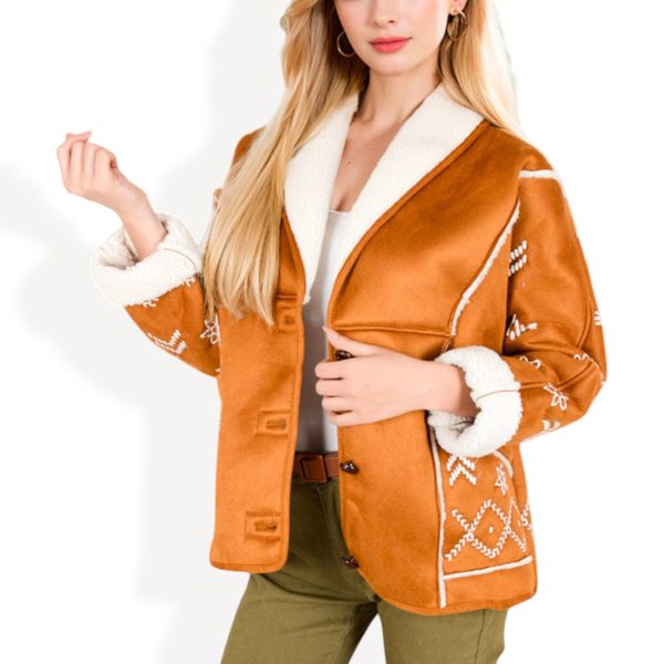 Embroidered Faux Shearling Jacket with Shawl Collar