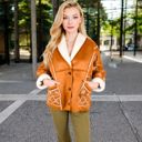 Brown Large Embroidered Faux Shearling Jacket with Shawl Collar