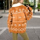 Brown Large Embroidered Faux Shearling Jacket with Shawl Collar