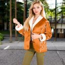 Brown Large Embroidered Faux Shearling Jacket with Shawl Collar