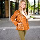 Brown Medium Embroidered Faux Shearling Jacket with Shawl Collar