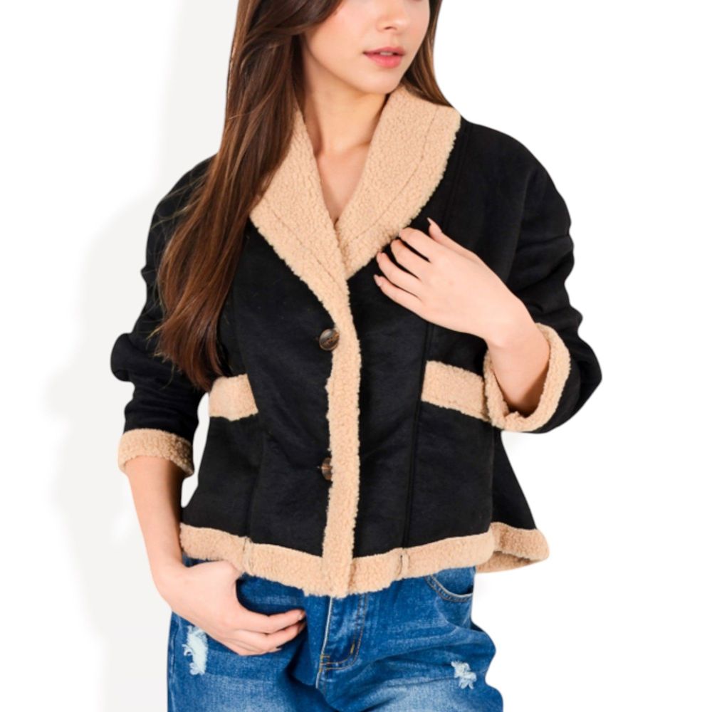 Faux Shearling Jacket with Shawl Collar and Contrast Trim