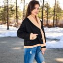 Black Large Faux Shearling Jacket with Shawl Collar and Contrast Trim