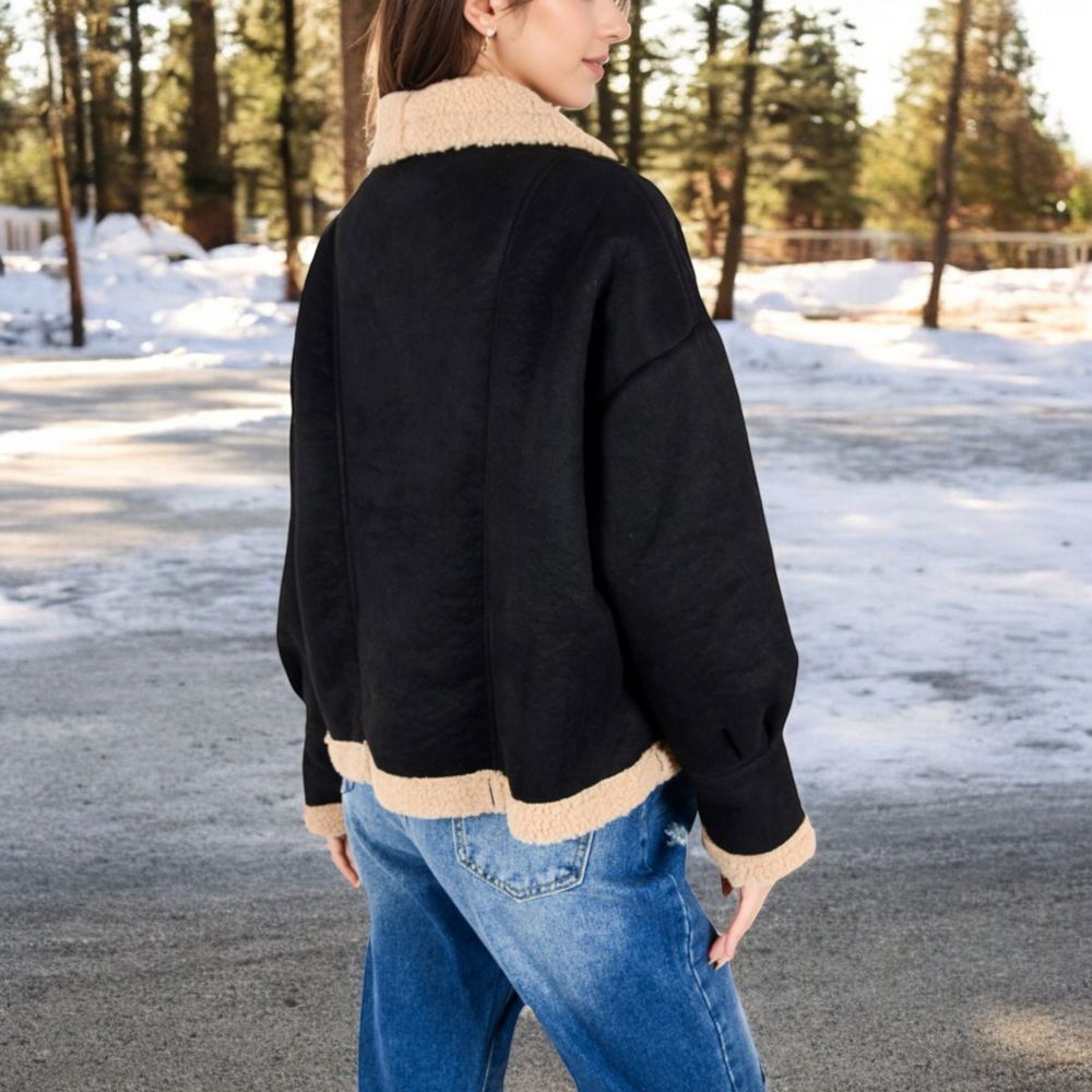 Faux Shearling Jacket with Shawl Collar and Contrast Trim