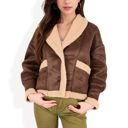 Brown Large Faux Shearling Jacket with Shawl Collar and Contrast Trim