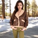 Brown Large Faux Shearling Jacket with Shawl Collar and Contrast Trim