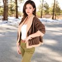 Brown Large Faux Shearling Jacket with Shawl Collar and Contrast Trim