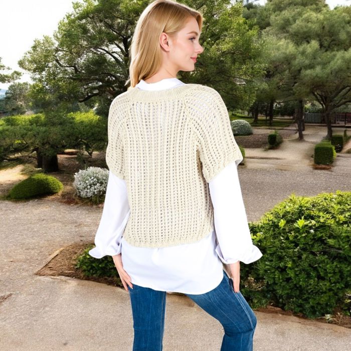 Open Knit Pullover Sweater Vest with Cap Sleeves and Ribbed Hem