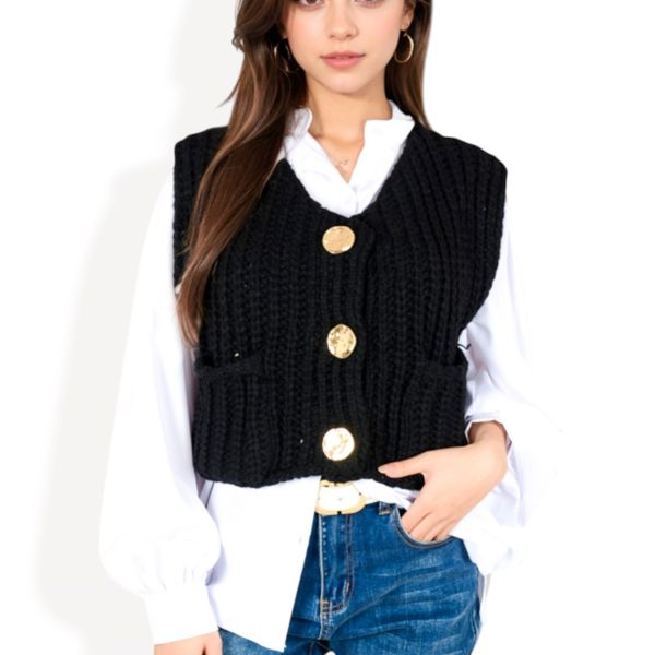 Chunky Knit Vest with Oversized Buttons and Front Pockets